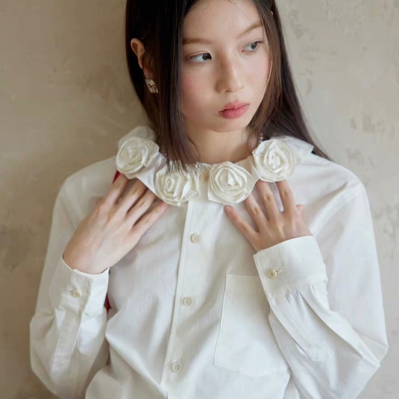 White Washing cotton Handmade flower collar shirt - Picture 4 of 8